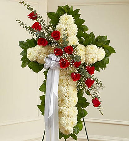 White Standing Cross with Red Rose Break